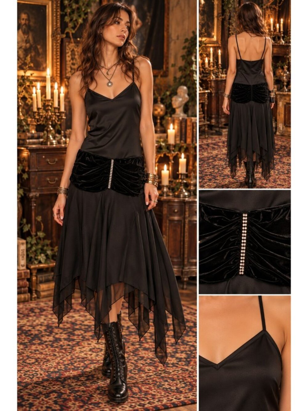 Whimsigoth Velvet Black Handkerchief hem Dress Witchy VTG 80s Pat Richards Goth